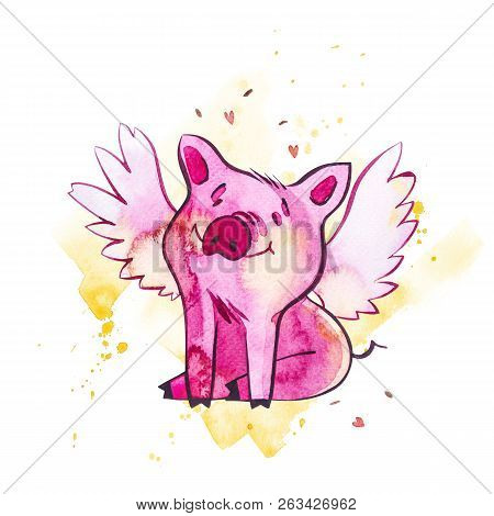 Funny Pig. Isolated On White. Cute Watercolor Illustration. Symbol Of The Year In The Chinese Calend