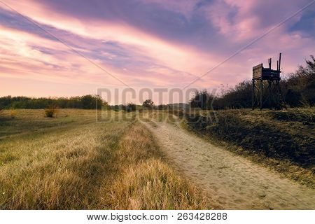 Sunset In Meadow Landscape. Fields And Countryside Landscape. Nature Landscape. Sunset In Meadow Lan