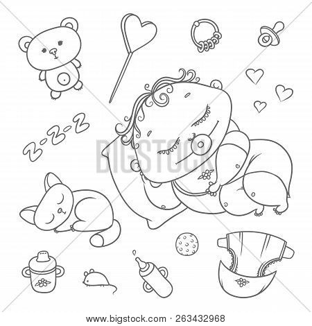 Sleeping Child And Kitten. Hygiene Items, Baby Care And Toys. Chubby Curly Asleep Kid With Pacifier 