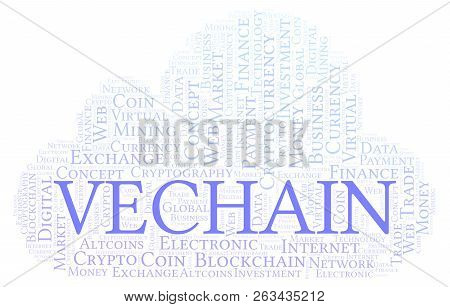 Vechain Cryptocurrency Coin Word Cloud. Word Cloud Made With Text Only.