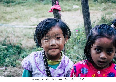 Bandipur Nepal October 15, 2018 Closeup Of Young Children Playing And Having Fun Together In Bandipu