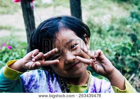 Bandipur Nepal October 15, 2018 Closeup Of Young Children Playing And Having Fun Together In Bandipu