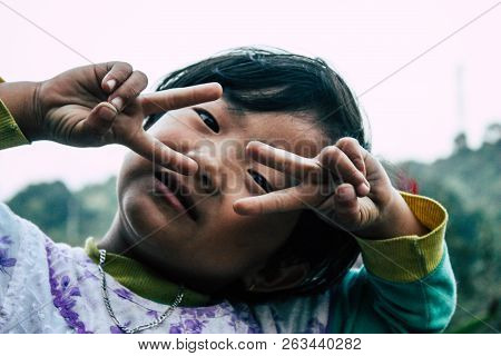 Bandipur Nepal October 15, 2018 Closeup Of Young Children Playing And Having Fun Together In Bandipu