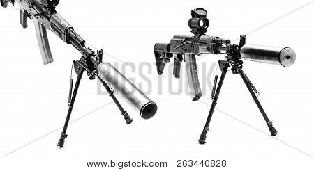 Ak-47 Machinegun With Custom Butt, Reflex Sight And Bipod
