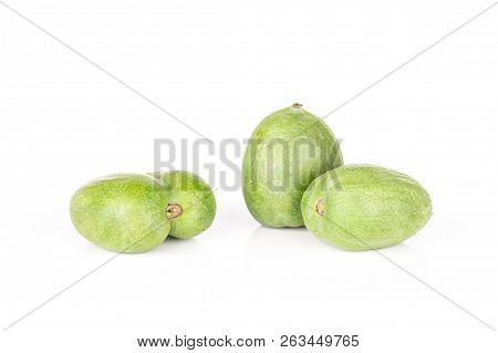 Set Of Three Whole Fresh Green Mini Baby Kiwi Fruit Isolated On White Background