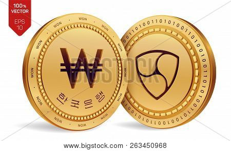Nem. Won. 3d Isometric Physical Coins. Digital Currency. Korea Won Coin. Cryptocurrency. Golden Coin