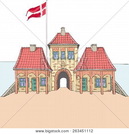 Stone Towers National Flag And The Gate To The Fort Castellet. Copenhagen. Denmark.