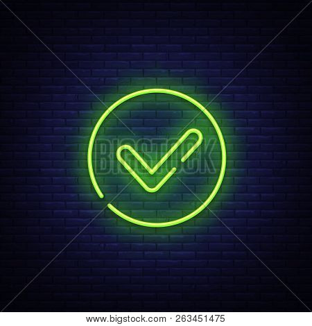 Green Check Mark Neon Sign Vector. Check List Button Neon Signboard, Design Template, Modern Trend D