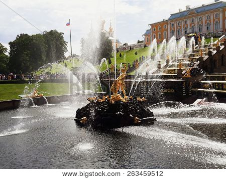 Saint Petersburg, Russia - August 7, 2018: Grand Cascade Of The Pertergof Palace