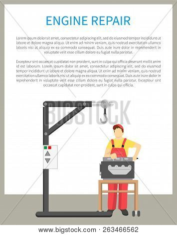 Engine Repair, Poster And Text Sample With Headline, Mechanical Construction Working Man Managing De