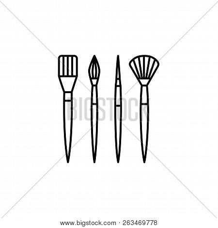 Black & White Vector Illustration Of Different Paintbrushes. Line Icon Of Round, Flat, Fan & Rigger 