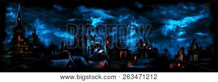 Illustration A Fantasy Town Night Scape With Lights, Sky With Clouds On The Background