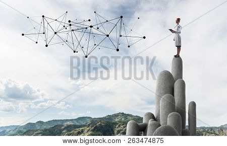 Young Female Doctor With Folder In Hands Satnding On Stone Column. 3d Rendering