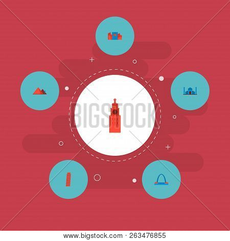 Set Of Landmarks Icons Flat Style Symbols With Taj Mahal, Gateway Arch, Shibuya And Other Icons For 