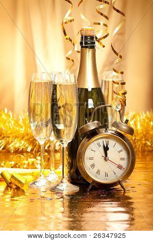 New Year - Champagne, Decoration And Clock Face