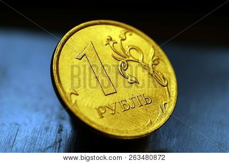 Obverse Of Coin One Russian Ruble, New Russian Coin - One Rouble, Russian Ruble On The Coin Backgrou