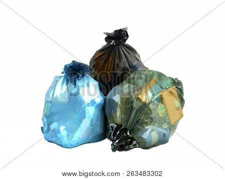 Close Up Of Blue Garbage Bags 3d Render On White Background No Shadow