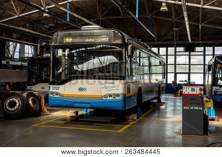 Ostrava, Czech Republic - September 9, 2017: Solaris Trollino 12ac Trolleybus Repaired In Dpo Garage