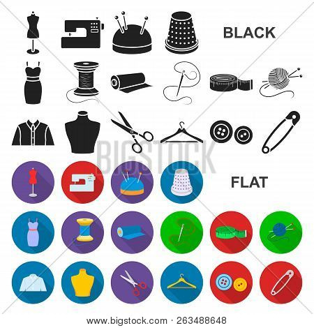 Atelier And Sewing Flat Icons In Set Collection For Design. Equipment And Tools For Sewing Vector Sy