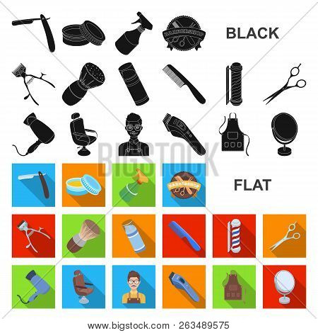 Barbershop And Equipment Flat Icons In Set Collection For Design. Haircut And Shave Vector Symbol St