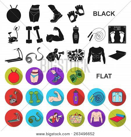 Fitness And Attributes Flat Icons In Set Collection For Design. Fitness Equipment Vector Symbol Stoc