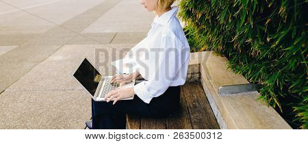 Statistician Working Outside With Laptop And Color Diagrams.