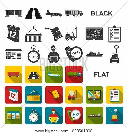 Logistics Service Flat Icons In Set Collection For Design. Logistics And Equipment Vector Symbol Sto