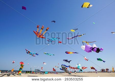 Cervia, Italy - May 1: Sky Full Of Kites For International Kite Festival On May 1, 2010 In Cervia, I