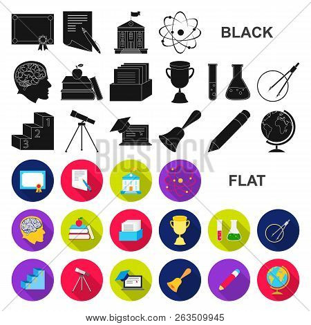 School And Education Flat Icons In Set Collection For Design.college, Equipment And Accessories Vect