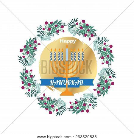 Happy Hanukkah. Jewish Holiday Hanukkah Greeting Card .  Holiday Elements.  Menorah, Wreath, Candles