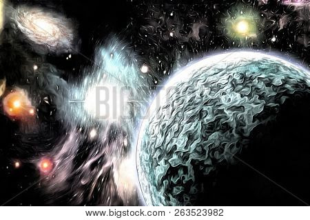 Illustration. Mystic planet in vivid universe. 3D rendering