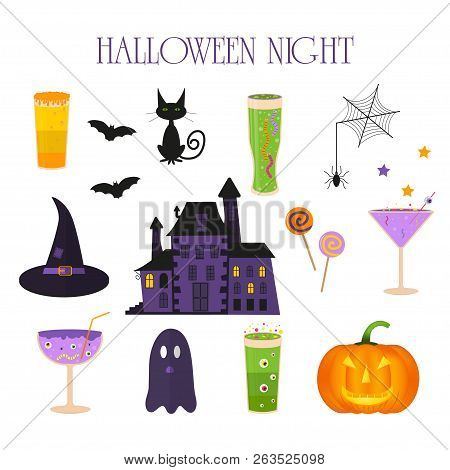 Set Of Cute Vector Halloween Icons Of Pumpkin, Castle, Cat, Ghost, Candy, Bat, Hat, Cocktails. Eleme