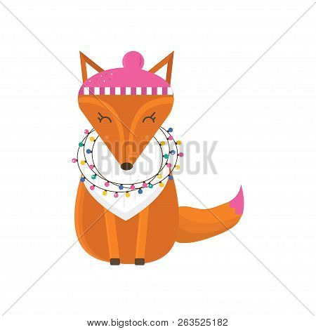 Merry Christmas Greeting Card With Cute Animals:  Fox With Hat And Scarf. Flat Style Of Icons For Pr
