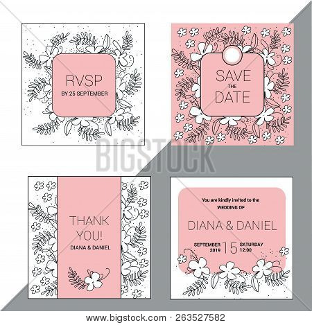 Set Of 4 Wedding Pink Invitation Cards. Square Layout Templates.