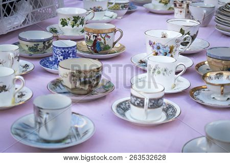 London, Uk- September 14 2018: Flea Market, Antiquity Market, Different Old Things: Plates, Bowls, V