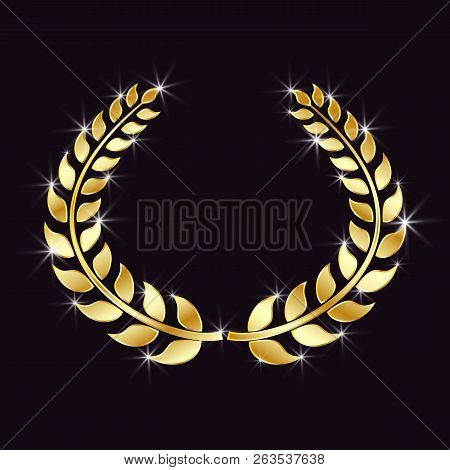 Golden Laurel Wreath With Glitter, Specks Of Light On An Isolated Black Background. Symbol Of Victor