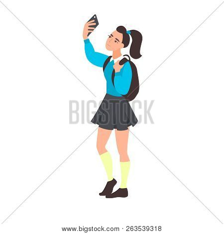Young Woman Take Selfie. Teenager Blogging. Teen Student Takes A Photo Or Video On The Mobile Phone.