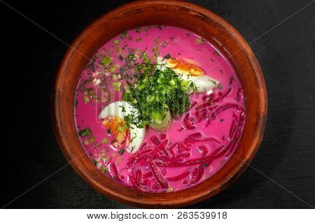 Russian Cabbage Soup With Beetroot.- Borsht With Egg And Onion.