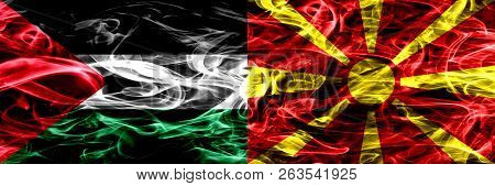Palestine Vs Macedonia, Macedonian Smoke Flags Placed Side By Side. Thick Colored Silky Smoke Flags 