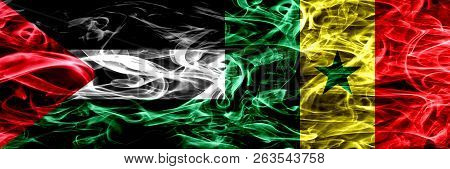 Palestine Vs Senegal, Senegalese Smoke Flags Placed Side By Side. Thick Colored Silky Smoke Flags Of