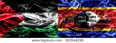 Palestine Vs Swaziland, Swazi Smoke Flags Placed Side By Side. Thick Colored Silky Smoke Flags Of Pa