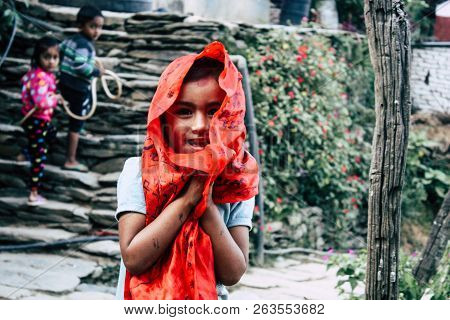 Bandipur Nepal October  15, 2018 Closeup Of Young Children Playing And Having Fun Together In Bandip