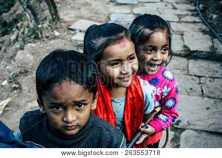 Bandipur Nepal October  15, 2018 Closeup Of Young Children Playing And Having Fun Together In Bandip