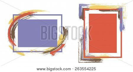 Hipster Frames With Paint Brush Strokes Vector Set. Box Borders With Painted Brushstrokes Background