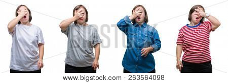 Collage of down sydrome woman over isolated background peeking in shock covering face and eyes with hand, looking through fingers with embarrassed expression.