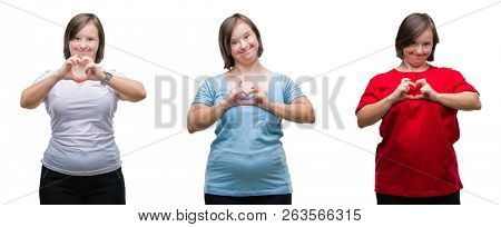 Collage of down sydrome woman over isolated background smiling in love showing heart symbol and shape with hands. Romantic concept.