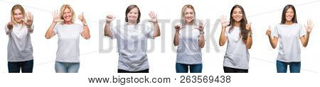 Collage of group of women wearing white t-shirt over isolated background showing and pointing up with fingers number six while smiling confident and happy.