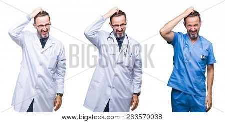 Collage of handsome senior hoary doctor man wearing surgeon uniform over isolated background confuse and wonder about question. Uncertain with doubt, thinking with hand on head. Pensive concept.