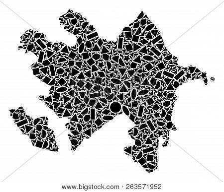 Mosaic Map Of Azerbaijan Created With Black Flat Geometric Figures, Such As Triangles, Stars, Rectan