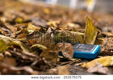Old Cell Phone With Buttons Lying On The Autumn Foliage On The Street